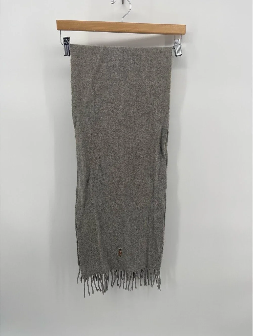 Polo Ralph Lauren Gray 100% Lambswool Fringe Scarf Italy Pony Logo